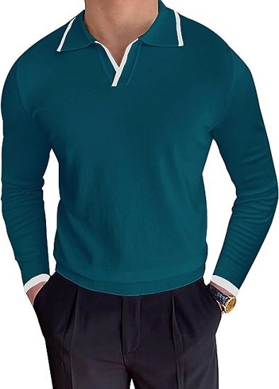 Mens Polo Sweater Long Sleeve Knitted Slim Fit Pullover V-Neck Casual Striped Knitwear Tops